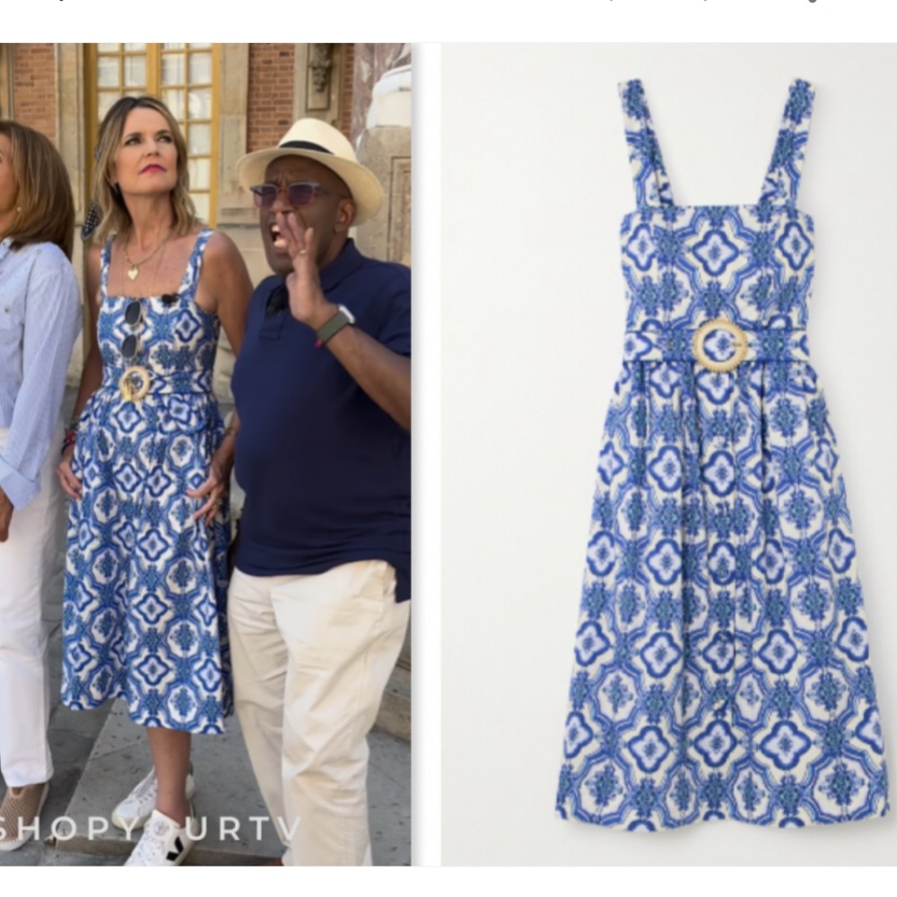 Cara Cara Blue & White Tile-Print Midi Dress with Buckle Belt